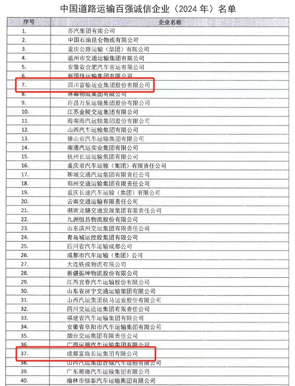 喜訊！富臨運(yùn)業(yè)新晉中國道路運(yùn)輸百強(qiáng)誠信企業(yè)（2024）十強(qiáng)榜單